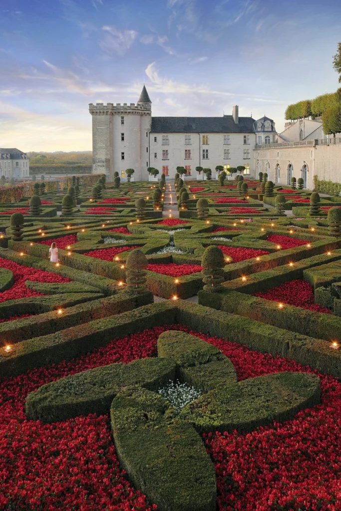 Jardins d’Amour du château de Villandry illuminés à la tombée du jour, avec leurs parterres géométriques de buis et de fleurs rouges.