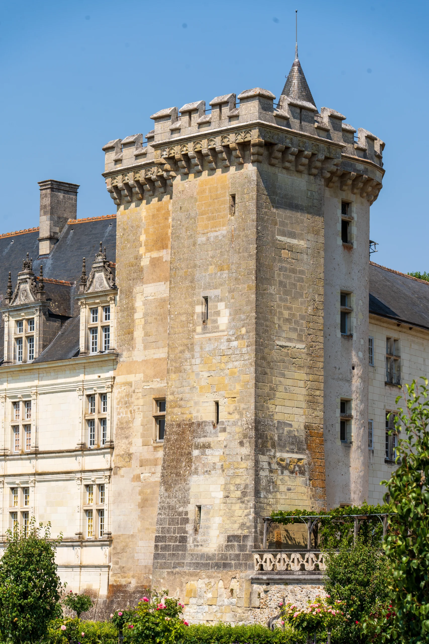 Tour médiévale du château de Villandry dominant les jardins Renaissance du Val de Loire.